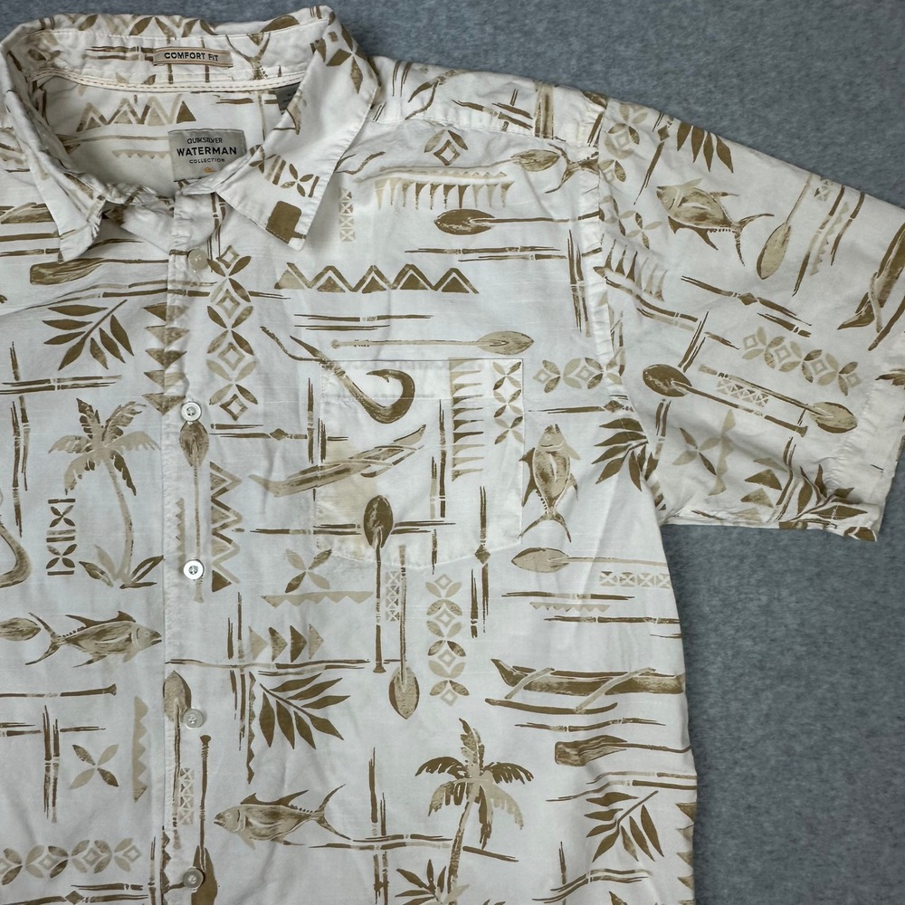 Quiksilver Waterman Collection Mens‎ XL Comfort Fit Tribal Fish Print Shirt Tan